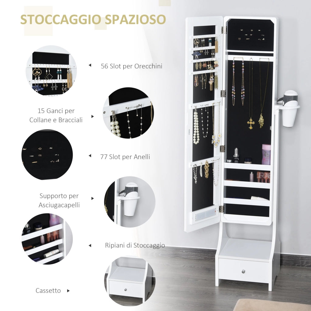 Armadio Portagioie a Specchio con Luci LED 37x30x158 cm in MDF  Bianco
