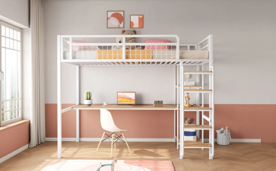 Letto a castello singolo bianco con funzione scrivania e scaffali in metallo 90x200 cm
