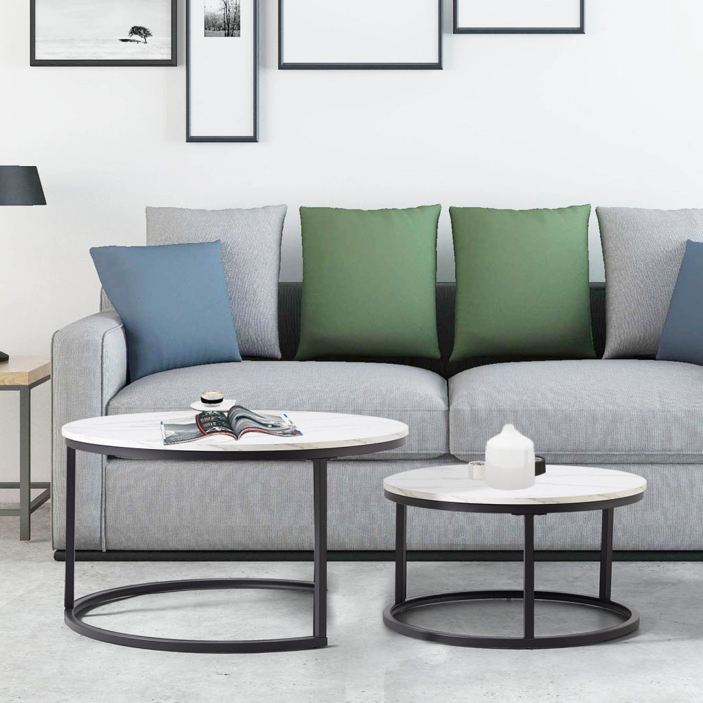 TAVOLINO DA CAFFÈ Set 2 Pezzi 80x45 cm Effetto Marmo Bianco con Struttura Nera