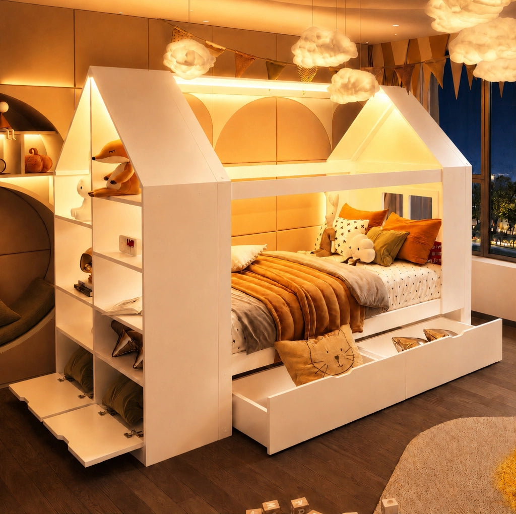 Letto a casetta 90x200 cm bianco con LED, 2 cassetti e vani contenitore
