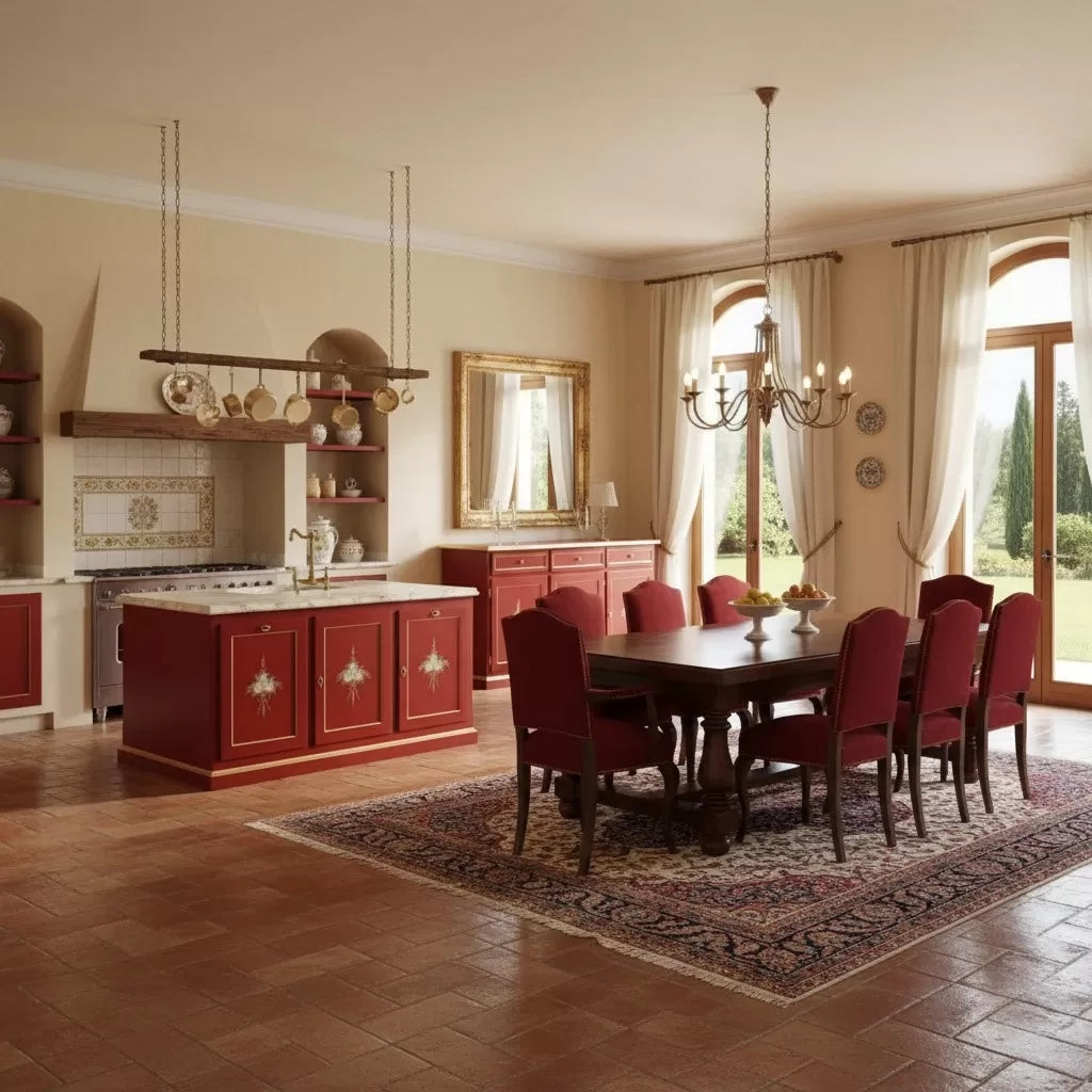 Madia credenza 3 ante legno shabby rosso decorata filo oro 156x42x86 - Mobili 2G
