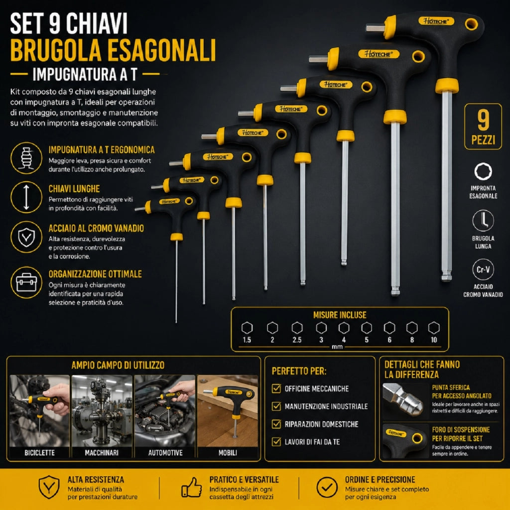 Set Chiavi A T Esagonali Lunghe Forate 9Pz Chiave A Brugola Impugnatura T 261608