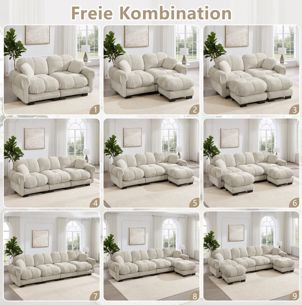 Divano modulare 3 posti 260x86x90 cm in ciniglia con cuscino mobile; kaki chiaro
