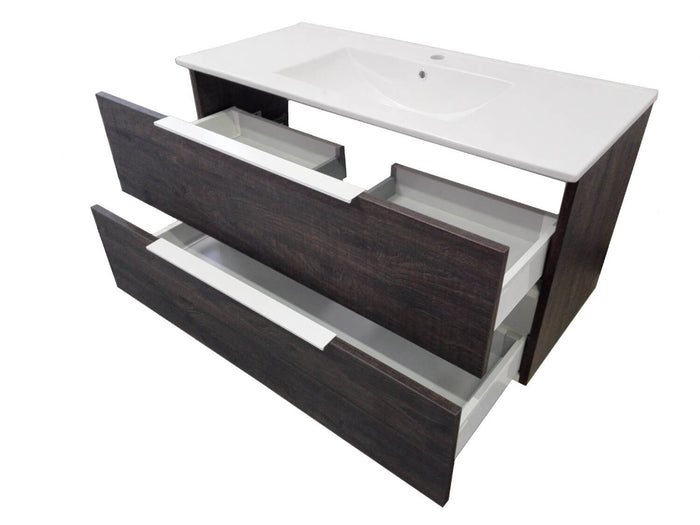 Mobile da Bagno Sospeso con Lavabo Specchio e Lampada a LED TFT Luna Rovere Wengè