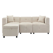 Divano angolare 3 posti in ciniglia beige con pouf contenitore e 2 cuscini