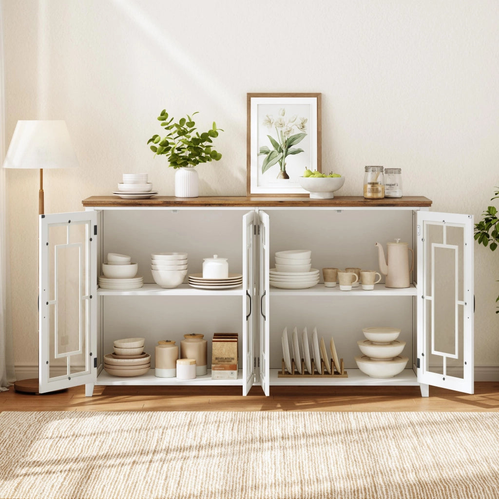 Credenza da cucina 160 cm con ante in vetro, ripiani interni, piano effetto legno e sistema antiribaltamento