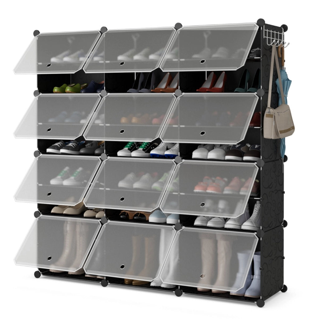 Scarpiera a 8 ripiani per 48 scarpe per ingresso per stivali e tacchi-Armadio 12 cubi in plastica con ganci laterali Nero