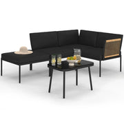 IDMarket - Set di mobili da giardino modulari bassi RIO 4 posti struttura in metallo nero, cordame effetto rattan chiaro con cuscini neri