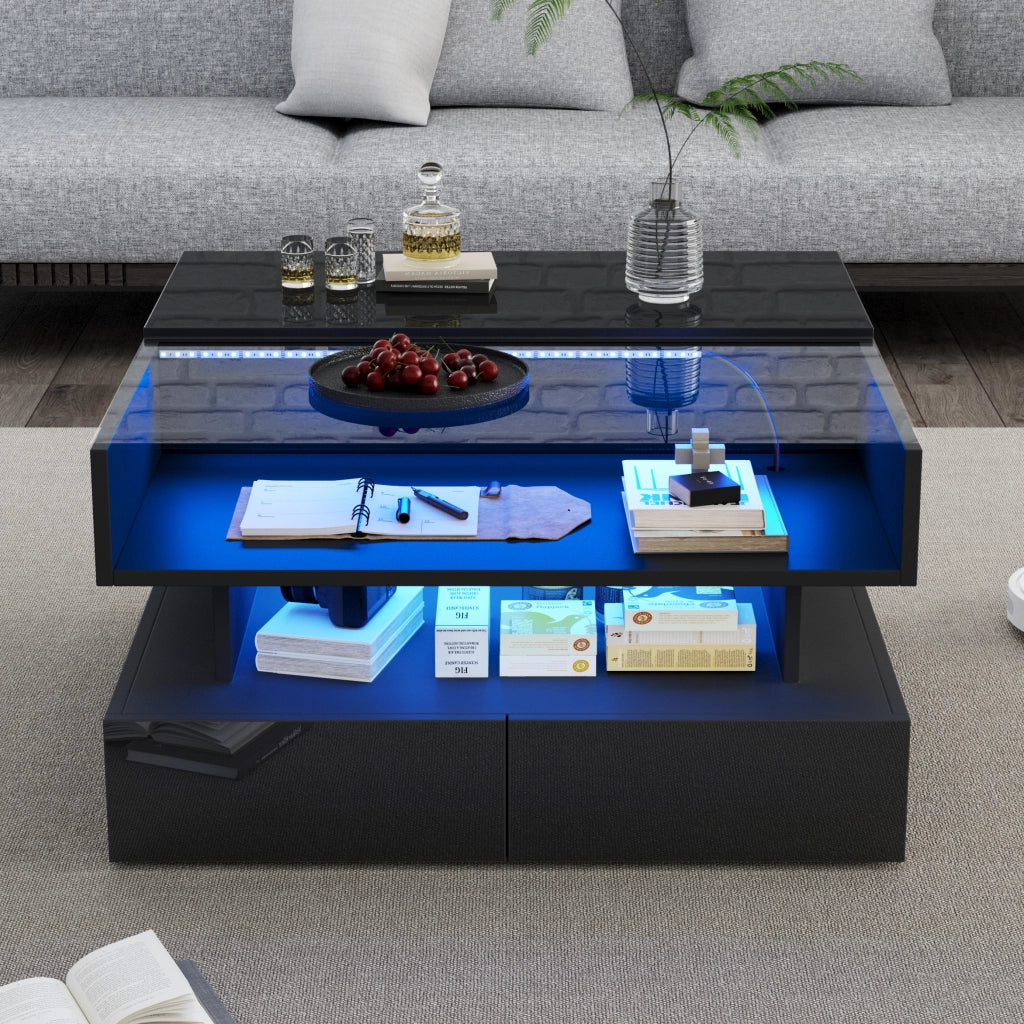 Tavolino da caffè 80x80x45 cm; alzabile con vano nascosto e LED; pannello truciolare e vetro temperato nero