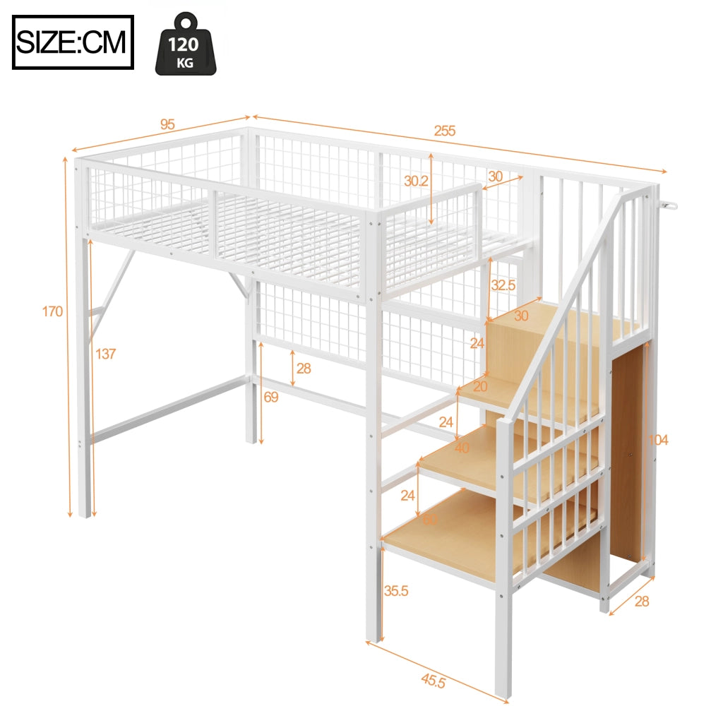 Letto a castello in metallo 90x200 cm con LED controllabile da app, scala con spazio contenitivo e armadio, nero/bianco
