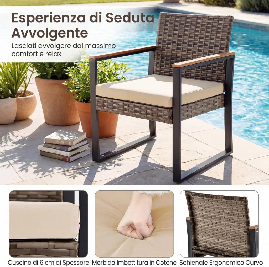 Set Salottino da Esterno in Rattan 3 pezzo, Set Mobili da Giardino Include 1 Tavolino Quadrato e 2 Poltrone Comode con Cuscino Imbottito e Telaio in Acciaio, per Balcone e Terrazzo (Beige)