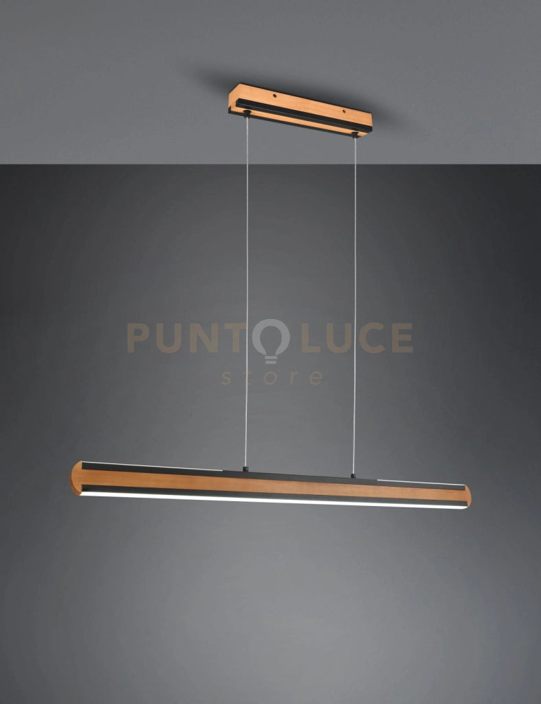 DEACON SOSPENSIONE LED  42W 5000lm, 2700+4000+6500K BI-EMISSIONE METALLO NERO E INSERTO LEGNO NATURALE DIMMERABILE CON FUNZIONE TOUCH L. 110CM