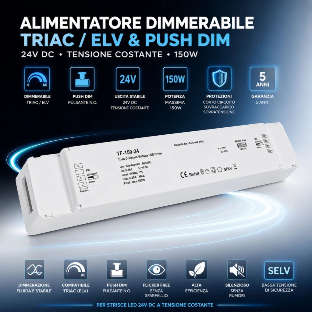 Alimentatore Dimmerabile 24V 150W Triac ELV Pulsante Varialuce Su 220V Per Striscia Led 24V TF-150-24