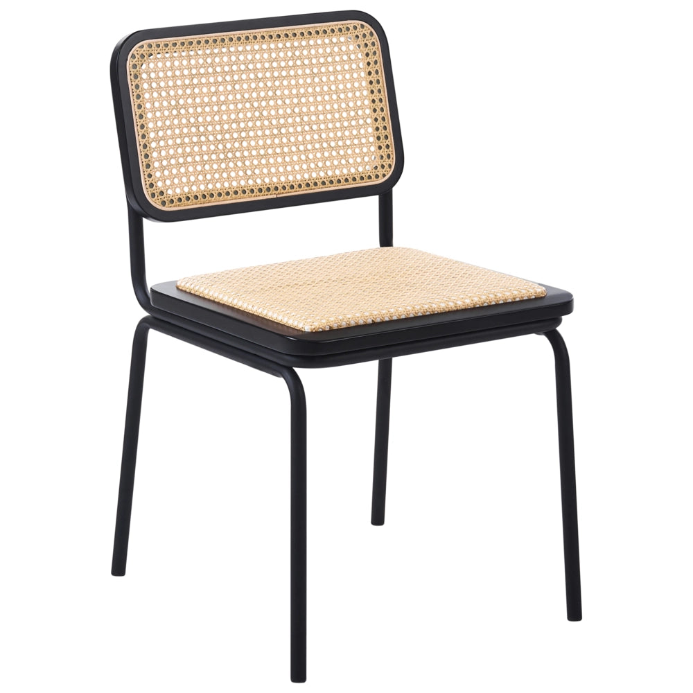 Set di 2 sedie da pranzo con seduta e schienale in rattan PE nero gambe in ferro senza braccioli cappucci protettivi design boho moderno