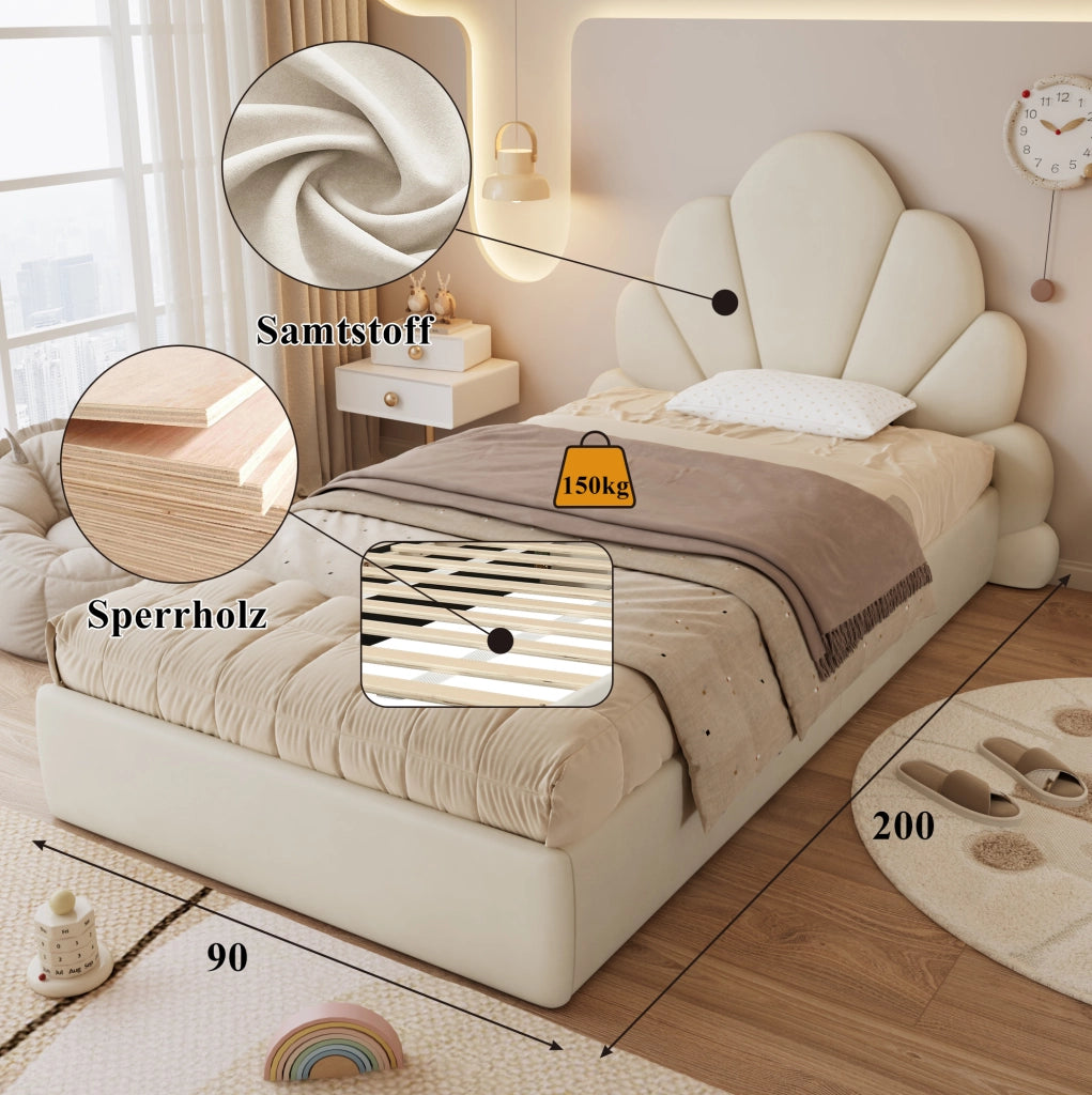 Letto imbottito singolo beige con testiera a petali, 90 x 200 cm