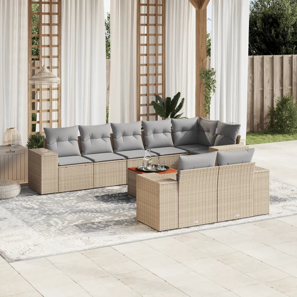 Set Divano da Giardino 9 pz con Cuscini Beige in Polyrattan