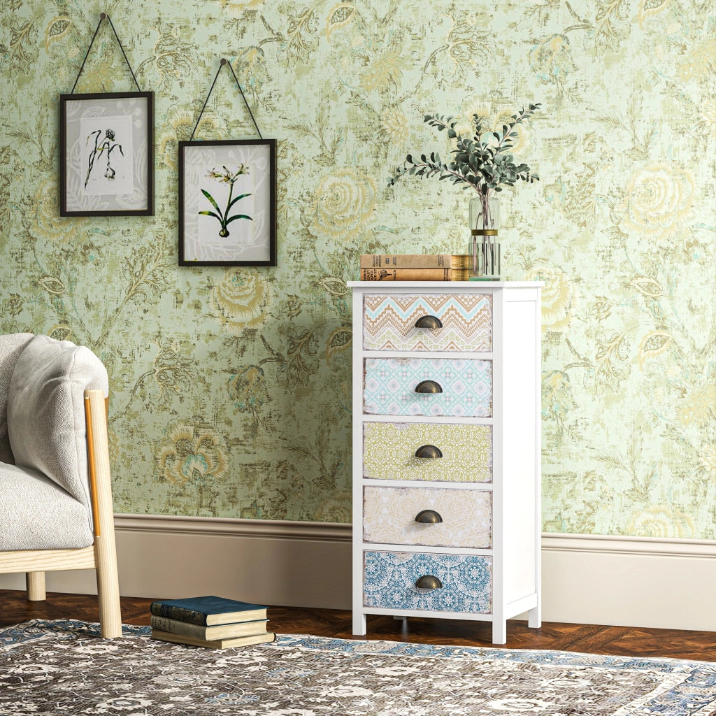 Cassettiera shabby chic multicolore con 5 cassetti, struttura in MDF, portata fino a 50 kg
