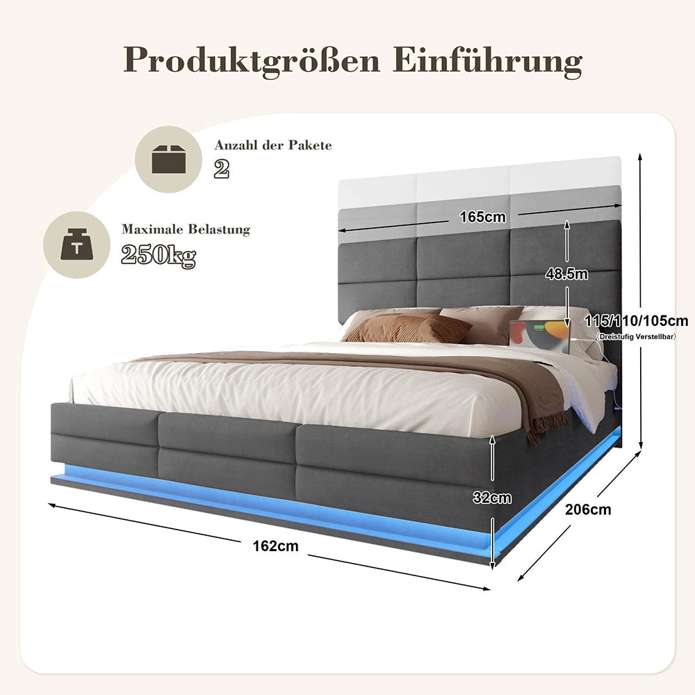 Letto 160x200cm imbottito - Xylo - velluto grigio USB idraulico LED