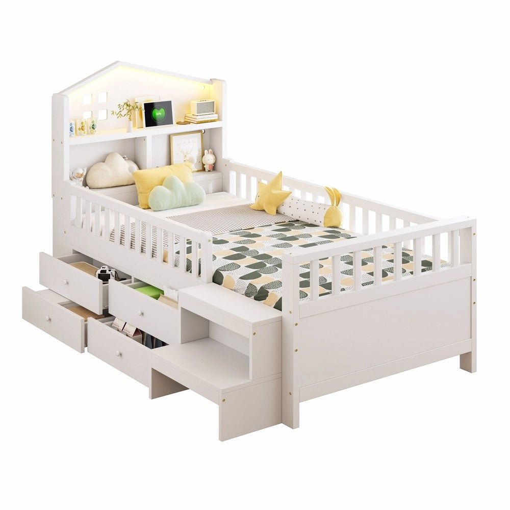 Letto Singolo per Bambini con LED, Cassetti e Rete a Doghe ¨C MINIMAL ¨C Bianco 90x200