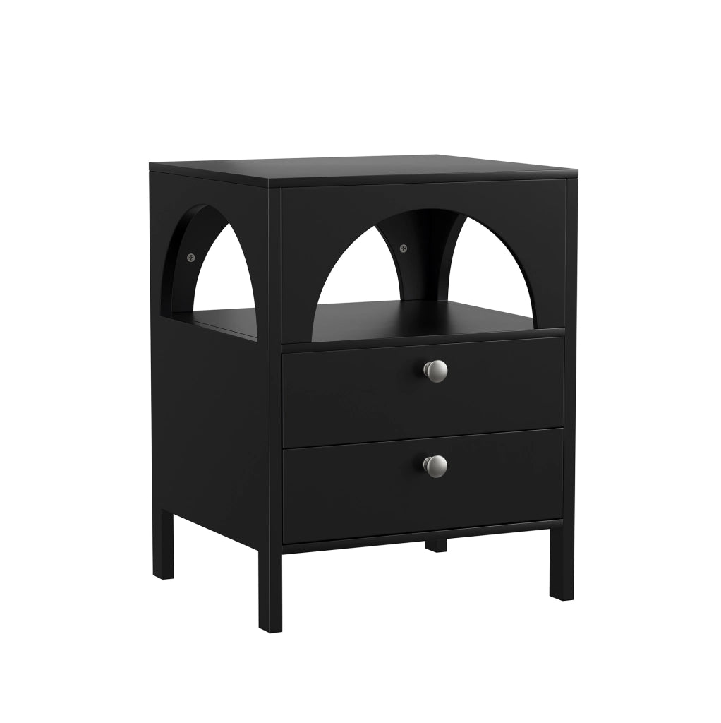 Comodino nero con 2 cassetti e vano aperto