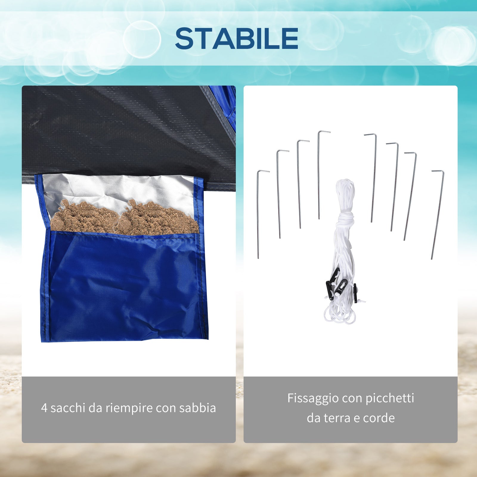Tenda da Spiaggia Pop Up con Corde e Paletti in Poliestere Blu
