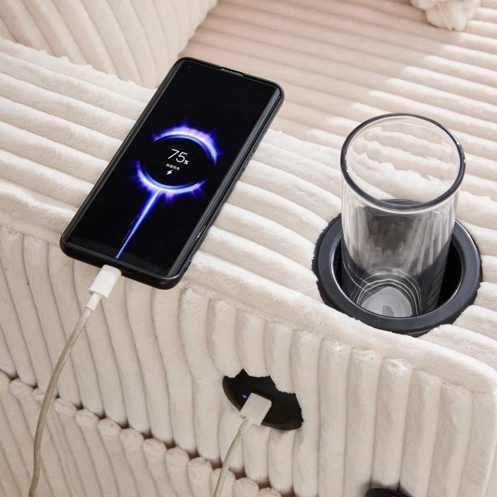 Poltrona relax oversize in corduroy beige con LED, porta USB, portabicchieri e struttura in legno massello