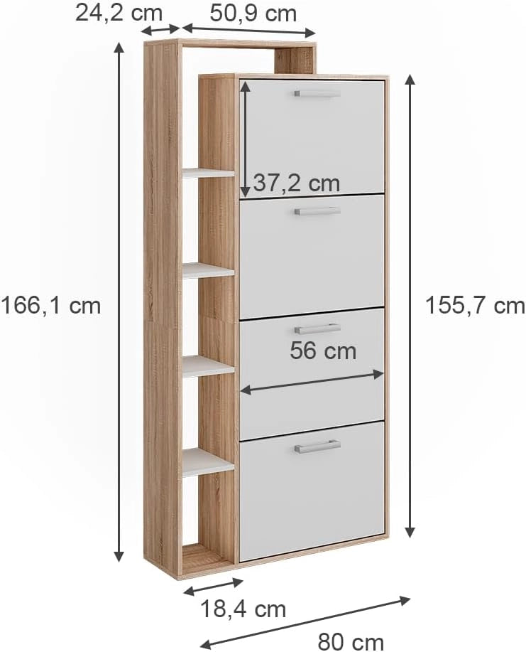 Scarpiera da ingresso Orlando, Bianco/Sonoma, 80 x 166.1 cm con 4 scomparti