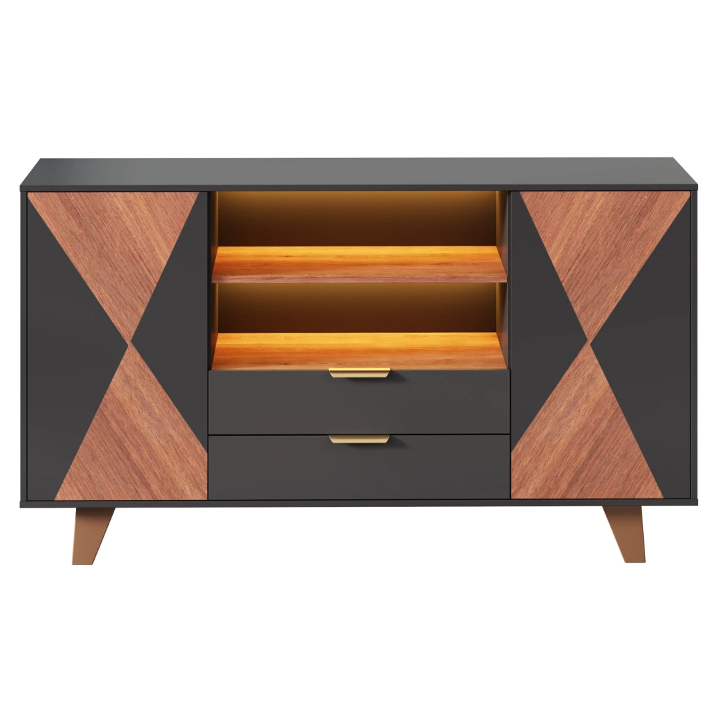 Credenza da cucina 150x40x90 cm in MDF naturale e nero con LED RGB e 2 cassetti