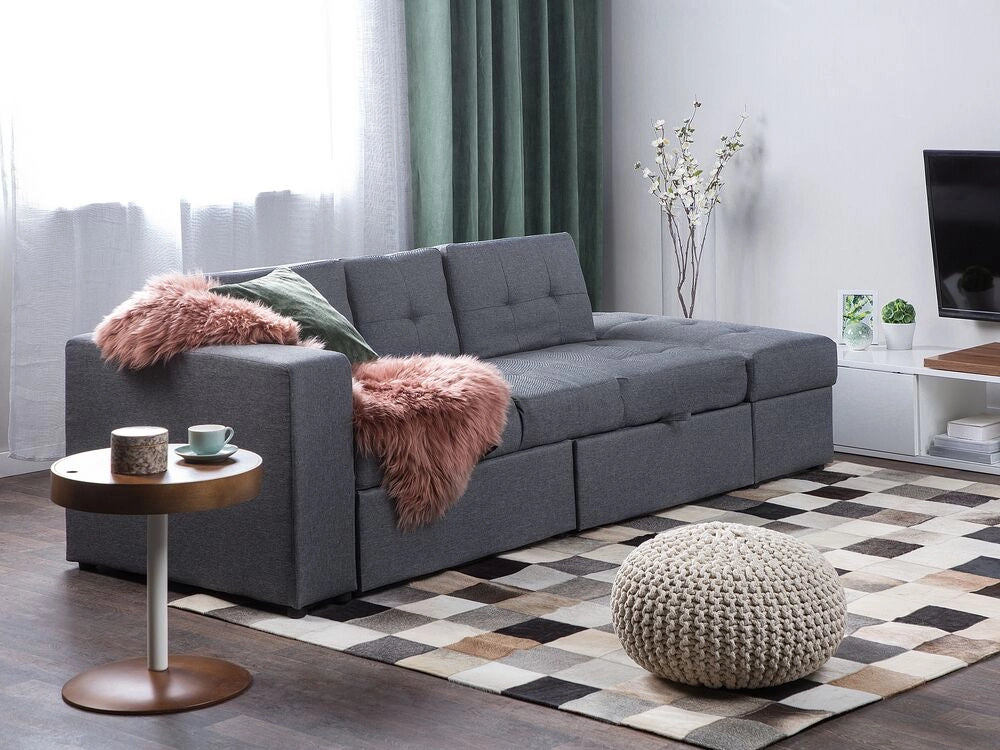 Divano letto componibile ottomana contenitore grigio scuro cassetti estraibili Click Clack vassoio ribaltabile portabicchieri