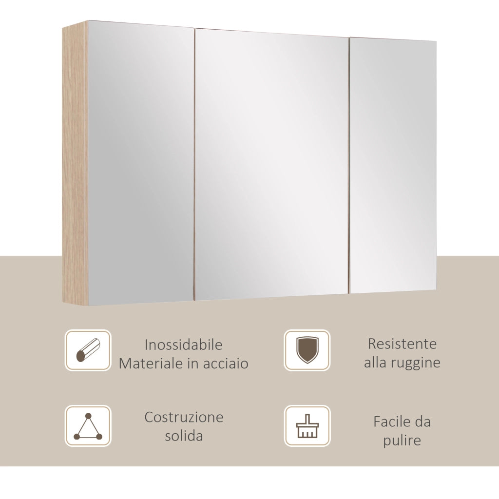 Specchio Contenitore Bagno 3 Ante ¨C Xylo ¨C Legno Bianco Rovere con Ripiani Regolabili 90x60 cm