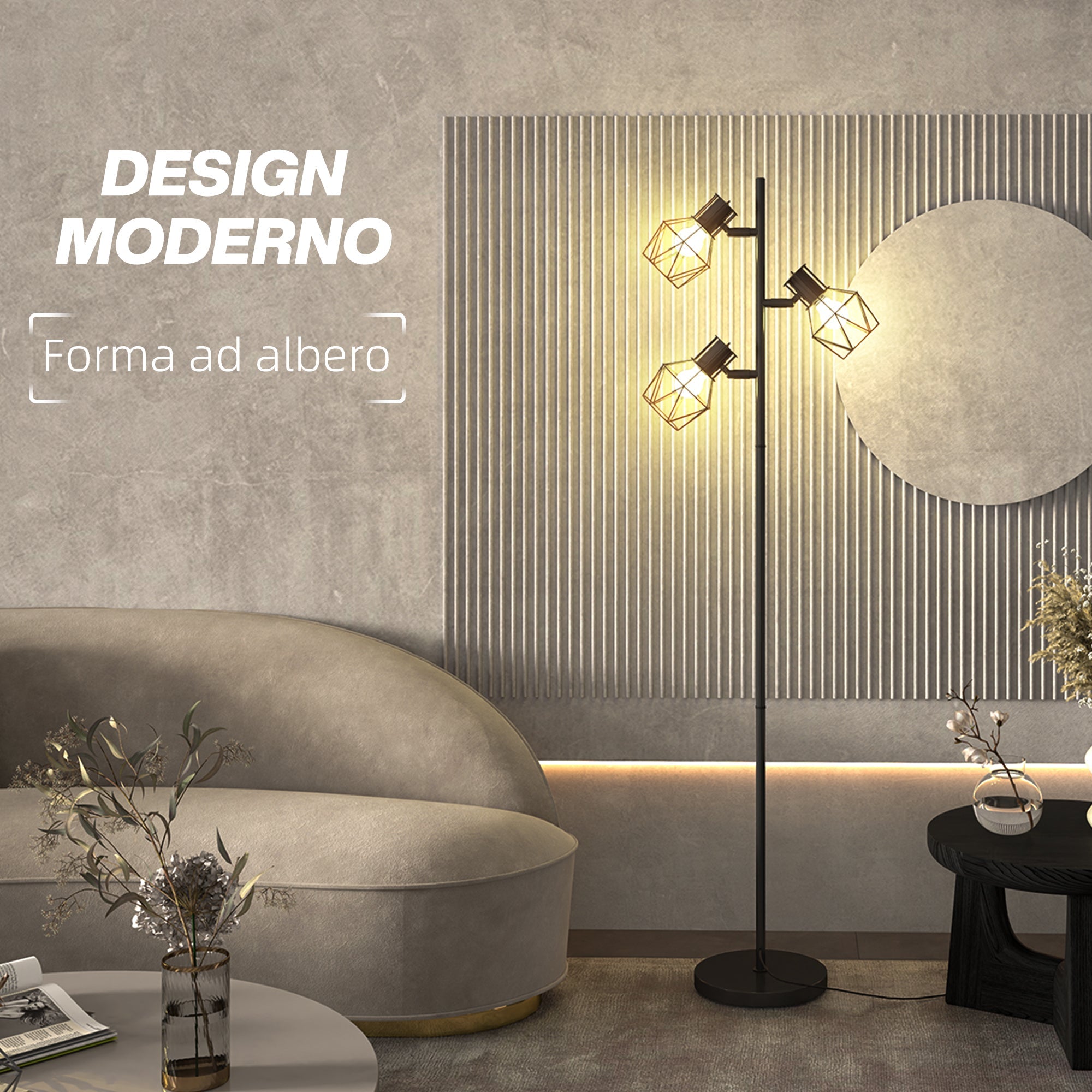 Lampada da Terra 3 Luci Orientabili 40W 41x28x169 cm in Metallo Nero