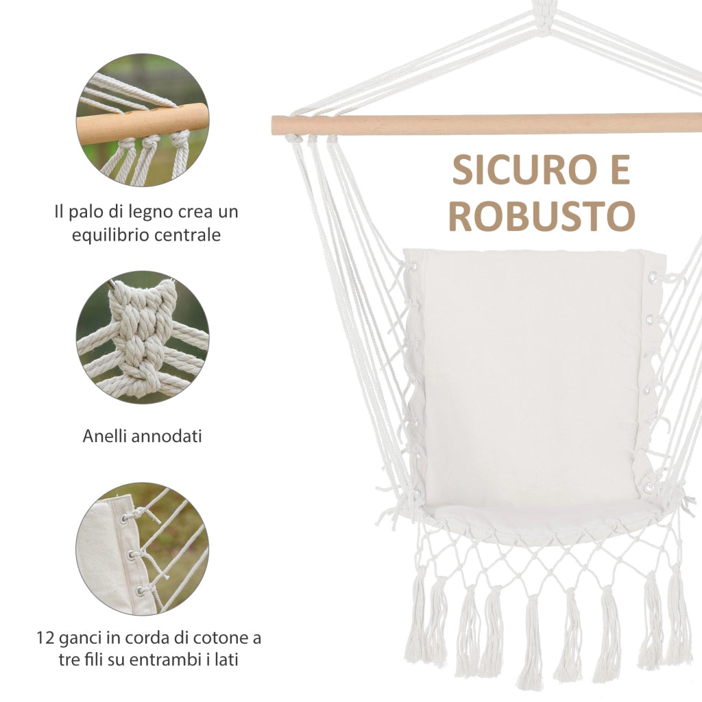 Sedia Sospesa a Dondolo da Interno ed Esterno in Tessuto con Nappe, 90x50 cm, Crema