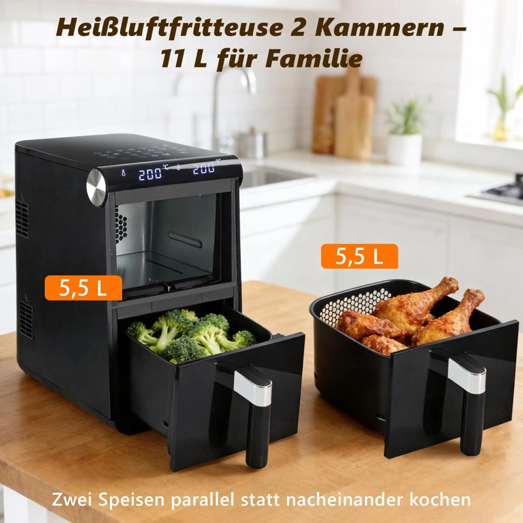 ZMH Friggitrice ad aria da 11L 2 scomparti friggitrice ad aria a doppia zona 13 in 1 2800W con touchscreen e timer