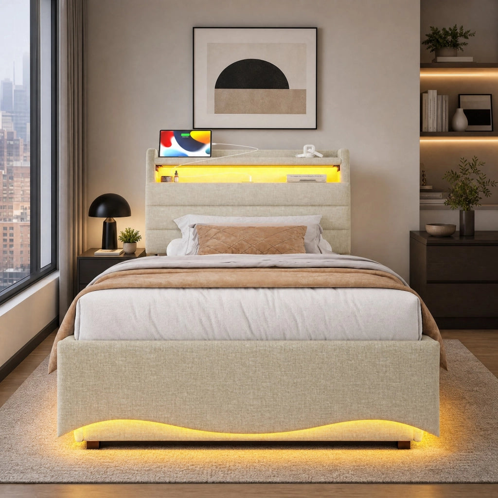 DESMIU Lit coffre 90 × 200 cm 1 posto con LED, USB e Type-C, contenitore idraulico, senza materasso, in lino beige