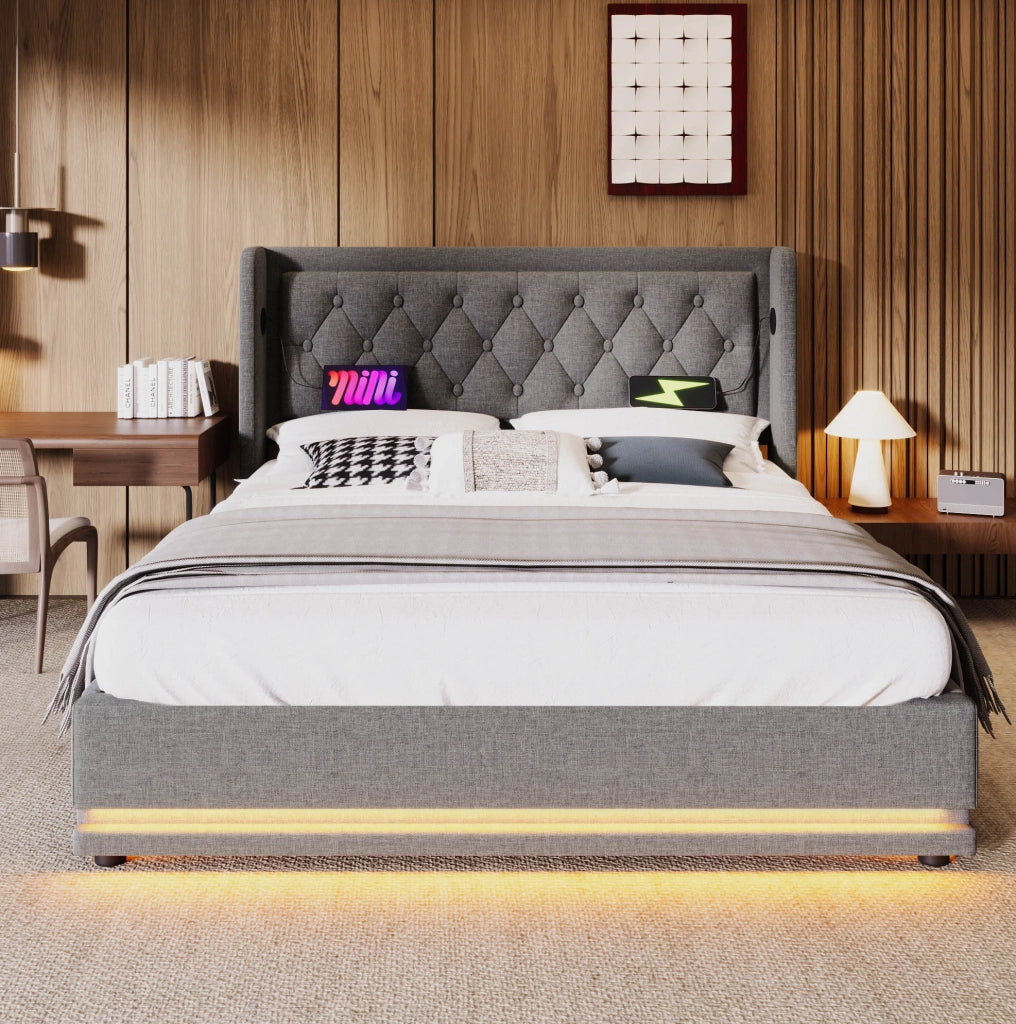 Letto matrimoniale imbottito 180x200 cm in cotone grigio con contenitore; LED e USB Type-C