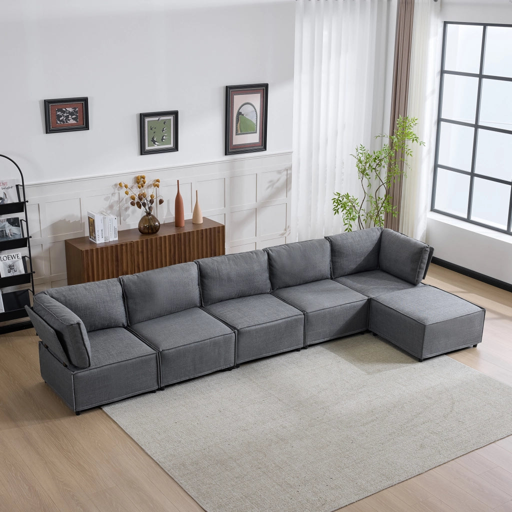 Divano modulare in tessuto con funzione letto e struttura stabile in compensato grigio scuro per soggiorno