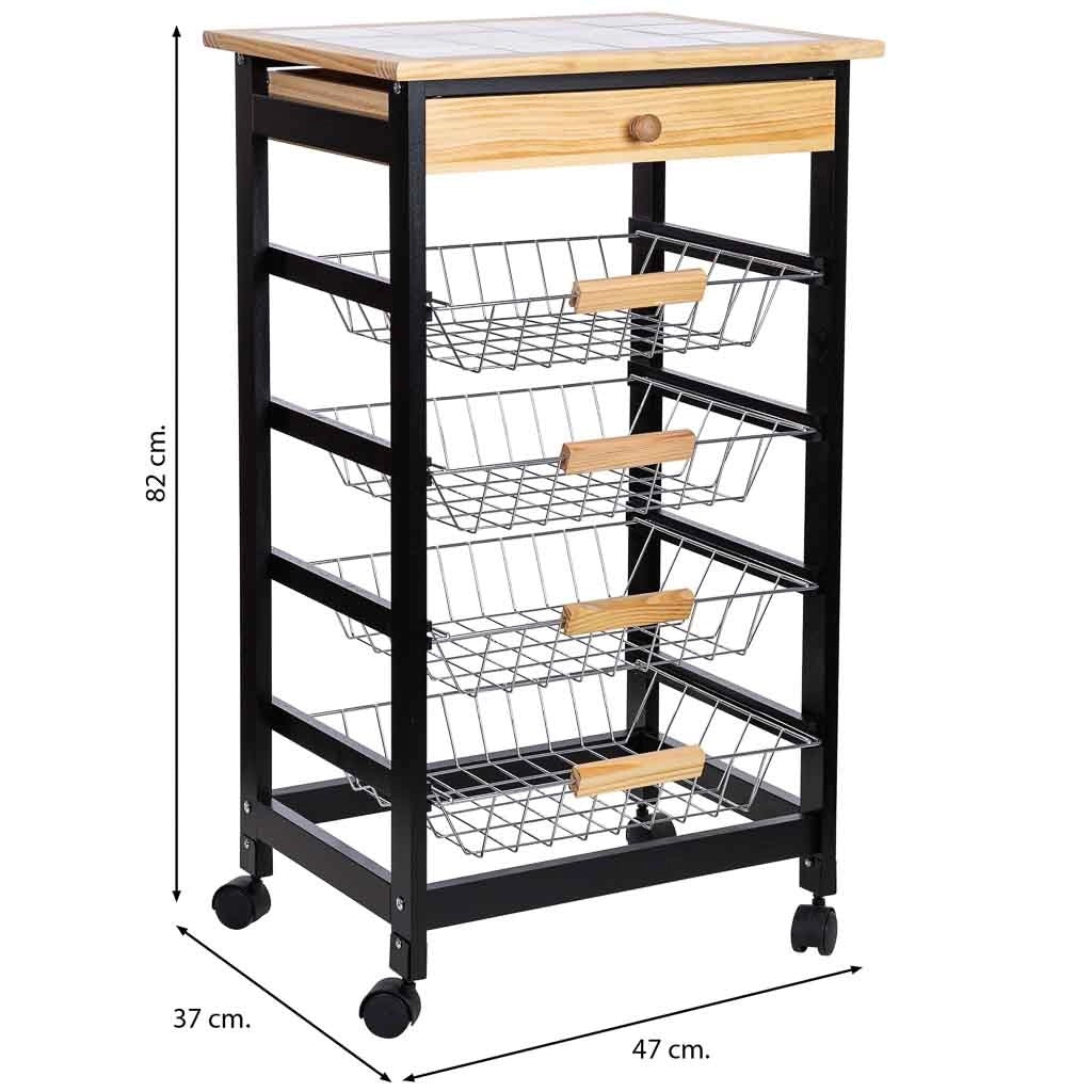 Carrello cucina in legno, 47x37x82h cm, nero