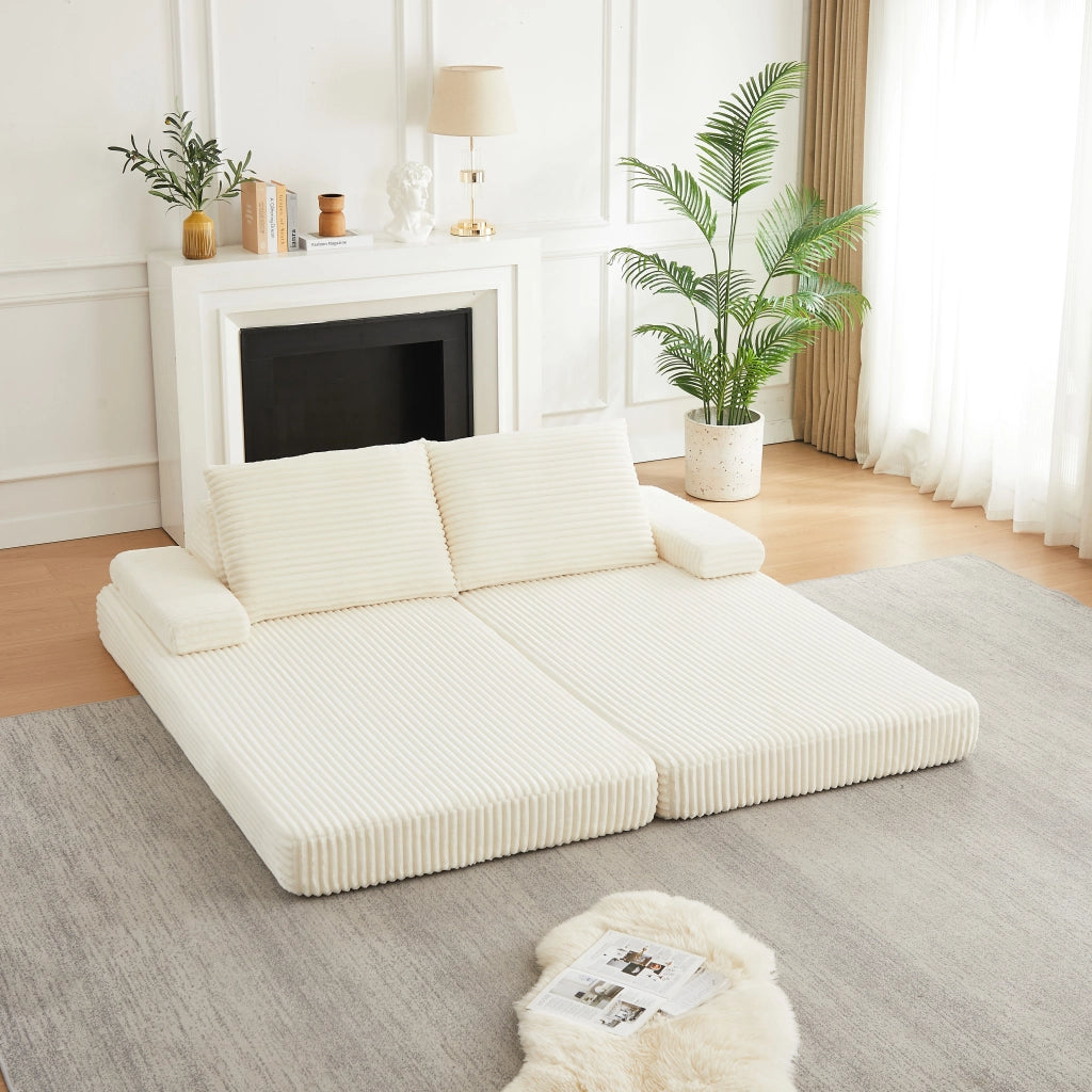 DIVANO MODULARE 211 cm in tessuto corduroy beige con schienali e braccioli regolabili
