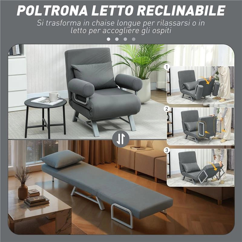 POLTRONA LETTO 3 IN 1 CON SCHIENALE RECLINABILE SU 5 LIVELLI, IN TESSUTO EFFETTO LINO, 73X78X81 CM, GRIGIO SCURO