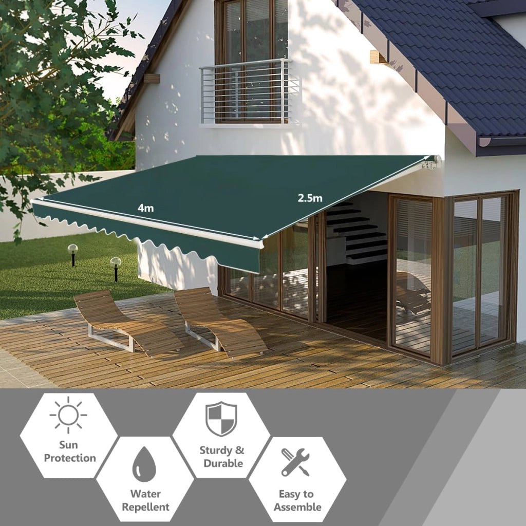 Tenda da Sole per Esterno, Tenda da Sole a Bracci Estensibili con Telaio in Alluminio, Tettuccio Resistente al Sole e Impermeabile e Manovella (4 x 2,5 M, Verde)