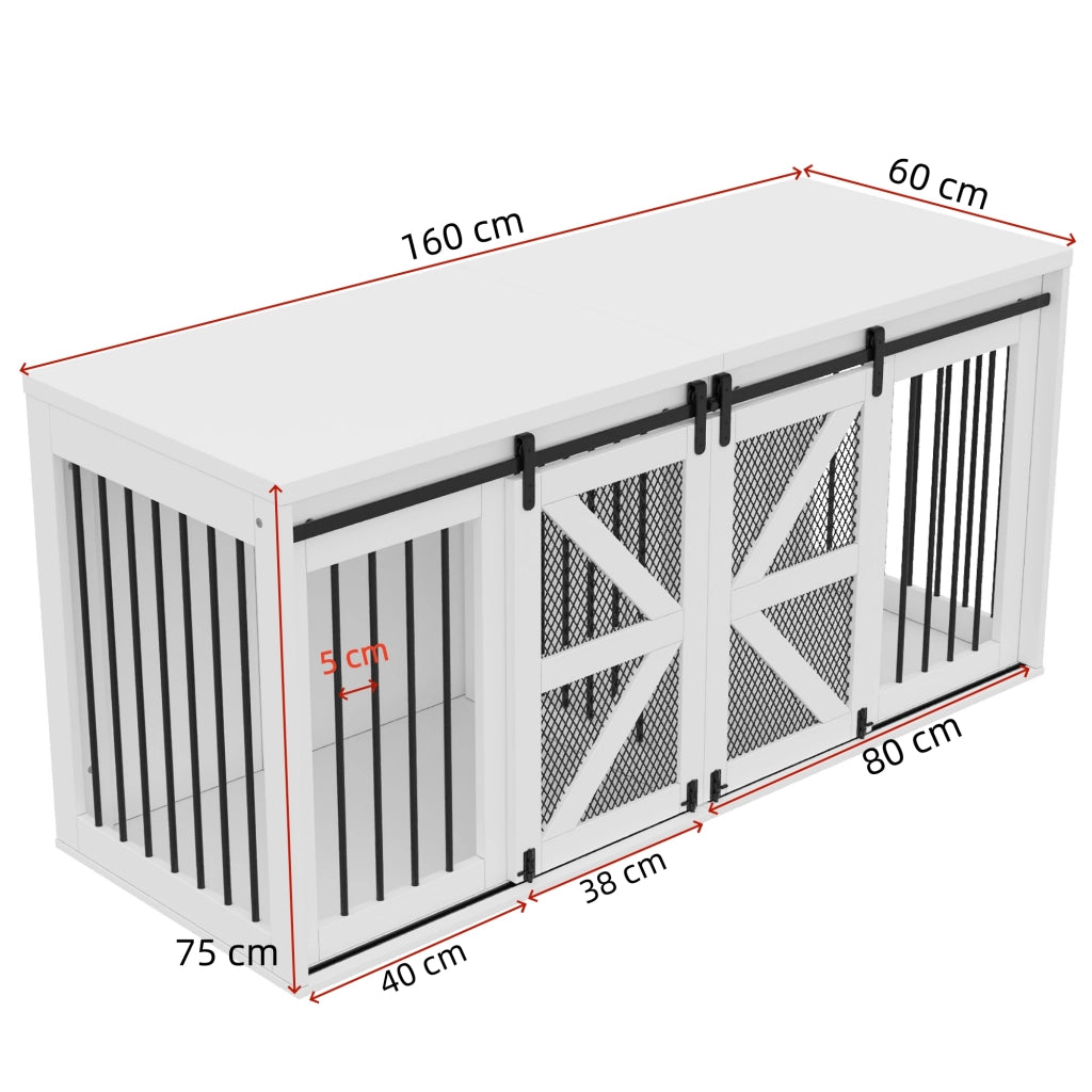 Cuccia per cani con divisorio centrale fisso e porte scorrevoli in MDF e metallo bianco 160 × 60 × 75 cm