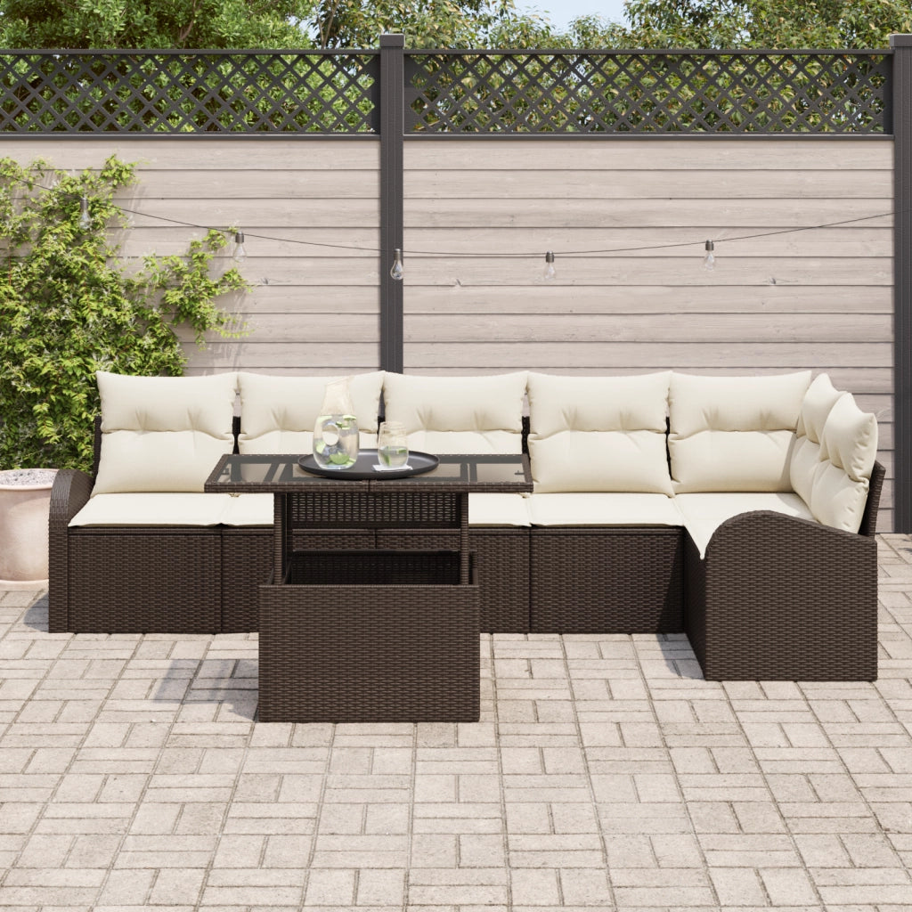 Set Divano da Giardino da 7 Pezzi con Cuscini Marrone Rattan Polietileno