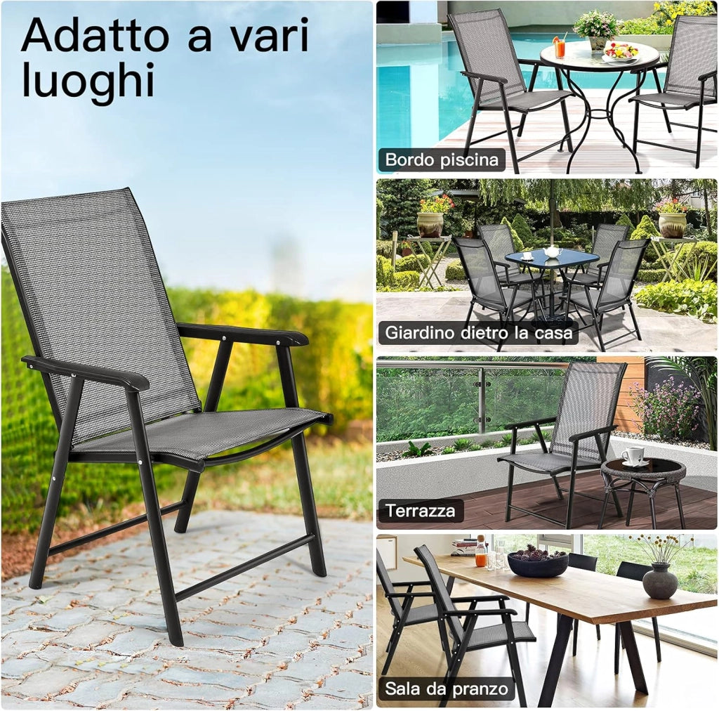 Set di 2 Sedie Giardino Pieghevoli, Poltrona da Esterno con Struttura in Metallo, con Braccioli, Ideale per Campeggio Spiaggia, Portata 100 kg, 68 x 59 x 93cm (Grigio)