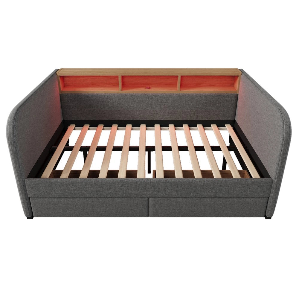 Letto Imbottito con Contenitore ¨C MINIMAL ¨C Grigio, LED, USB, 140x190, Tessuto, 2 Cassetti