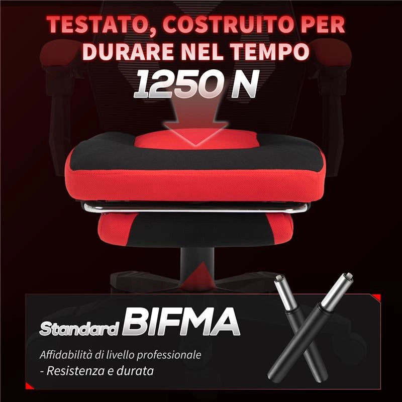 SEDIA DA UFFICIO ERGONOMICA E RECLINABILE CON POGGIAPIEDI, IN TESSUTO A RETE, 58X63X112-122 CM, NERA E ROSSA