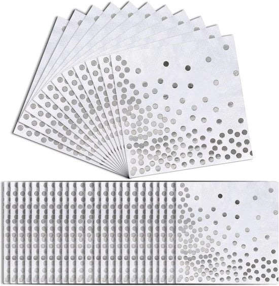 Serviette con punti d'argento - 2 strati di carta dorata - 33 x 33 cm punti dorati - serviette per matrimoni e feste - 60 pezzi (argento + bianco)
