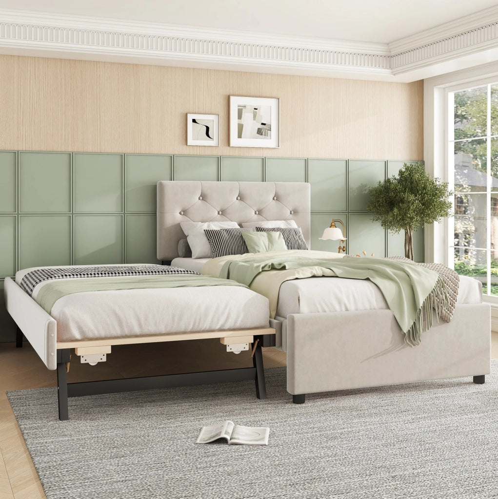 Letto imbottito 90x200 cm con letto estraibile; in velluto beige; testiera con bottoni