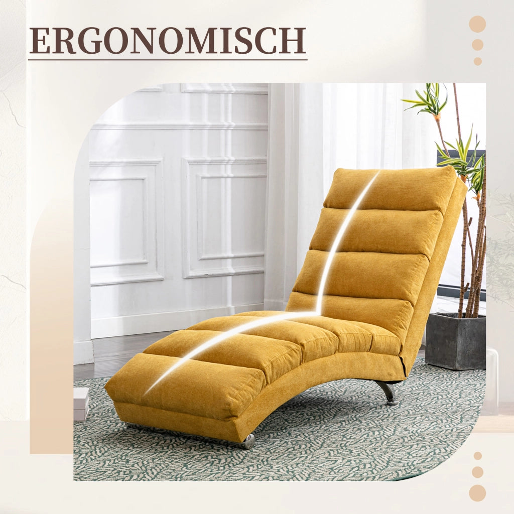 Chaise Longue Massaggiante 140° con Vibrazione Delicata e Tasca Laterale; Comfort Ergonomico in Lino Giallo Senape