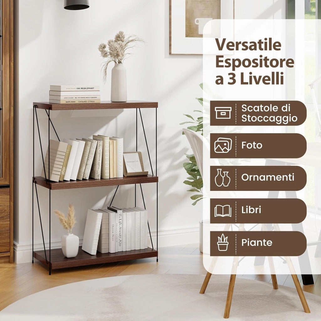 Scaffale Multiuso a 2/3/4/5 Ripiani, Libreria Autoportante con Struttura in Metallo, Stile Industriale, per Camera da Letto, Soggiorno Ufficio Studio (3 Livelli 61x29,5x85,5cm)