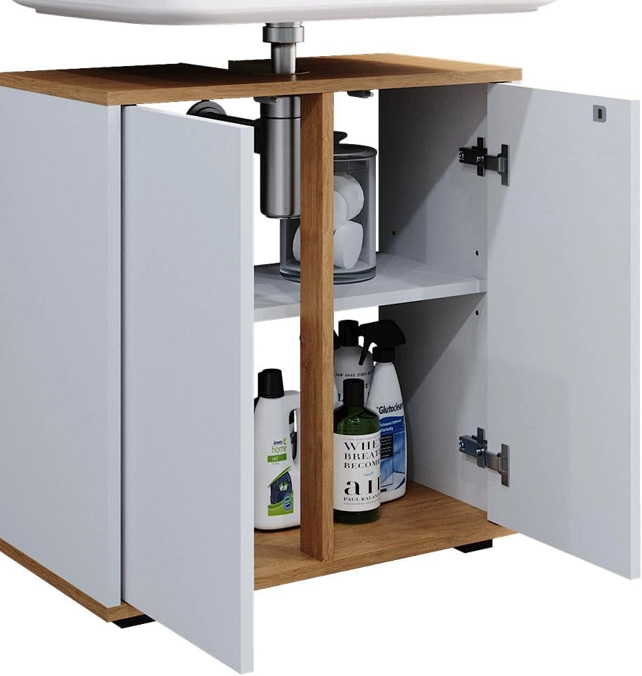 Mobile sottolavabo per bagno Didi, Bianco/Artisan, 60 x 62 cm con 2 porte, per la conservazione di articoli da bagno e prodotti per la cura personale
